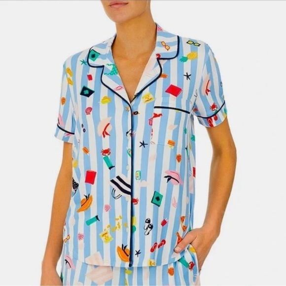 kate spade S White Aqua Blue Vertical Stripe Beach Themed Top Crop Pants PJ Set - Picture 2 of 11